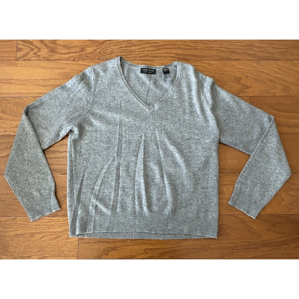 Valerie Stevens Sweater Womens XL Cashmere V Neck 2 Ply Gray 100%‎ Cashmere